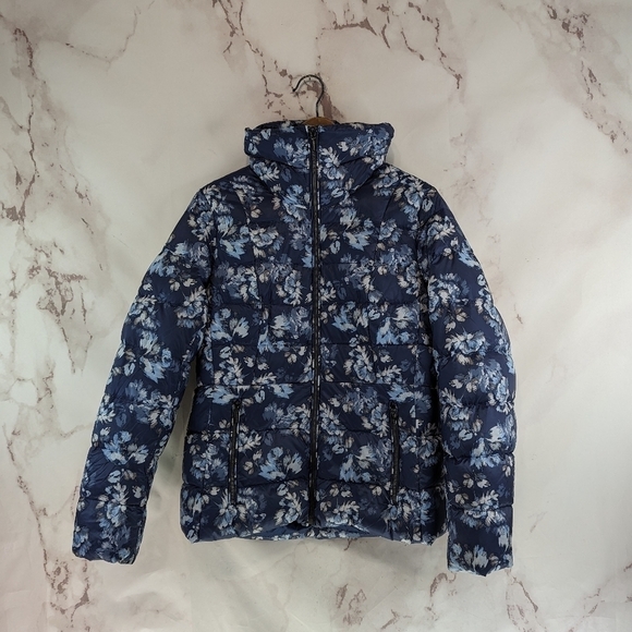 Lands End Down Jacket Womens 8 Medium Puffer Coat Blue Floral Zip Puffy FP Power - Picture 11 of 11